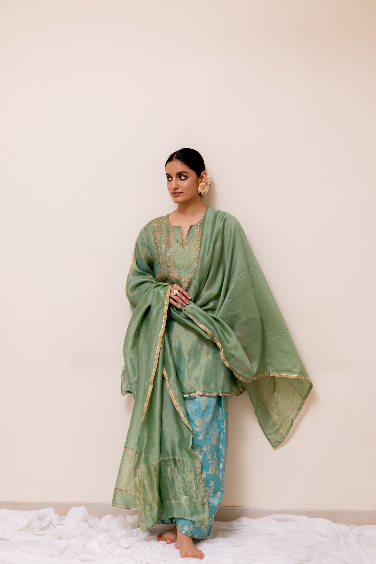 TISSUE GREEN KURTA  WITH FIROZI  BANARASI SALWAR