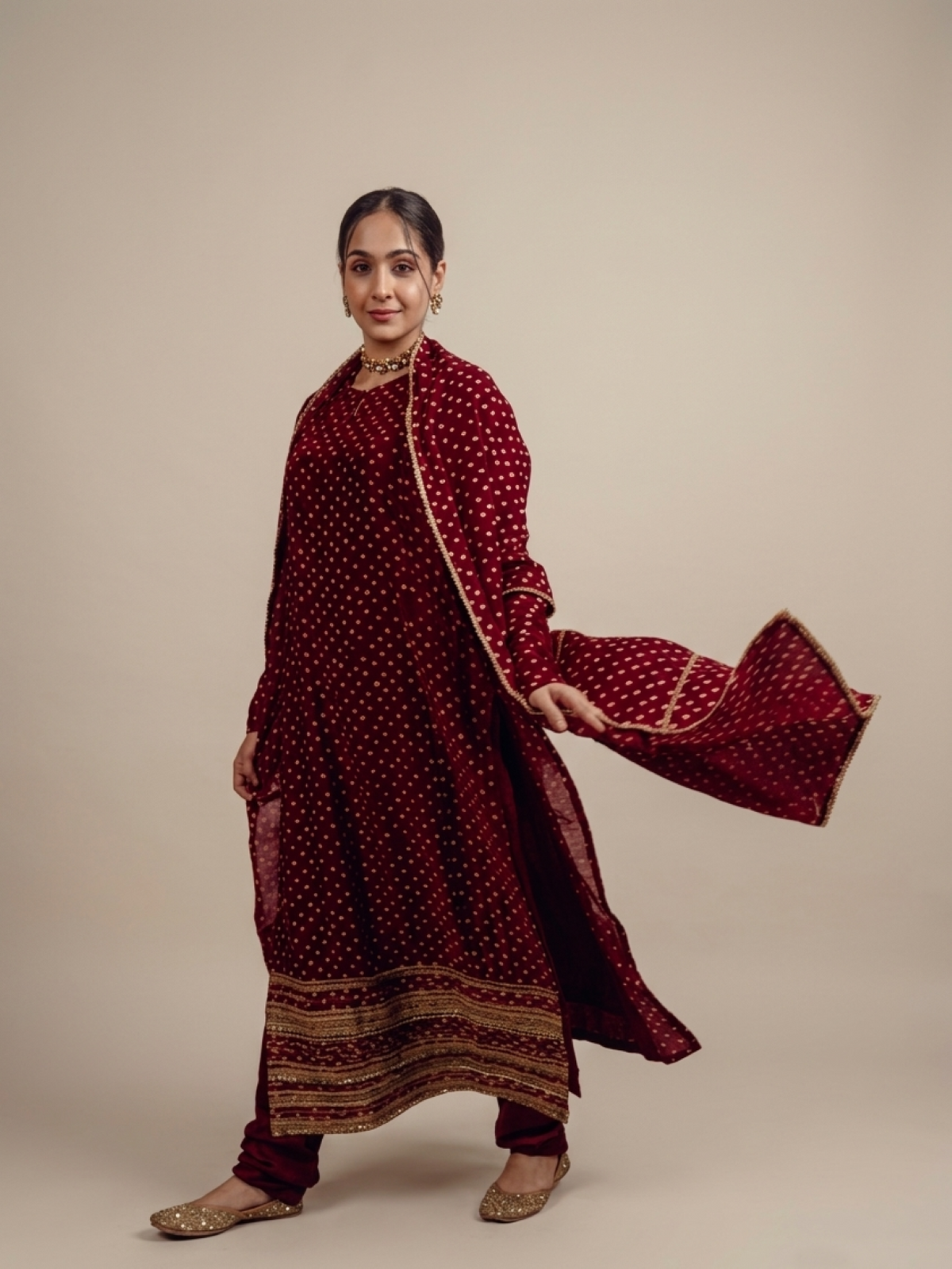 Dark Red Chanderi Bandhej Kurta Set