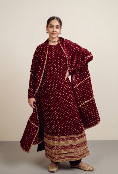 Dark Red Chanderi Bandhej Kurta Set