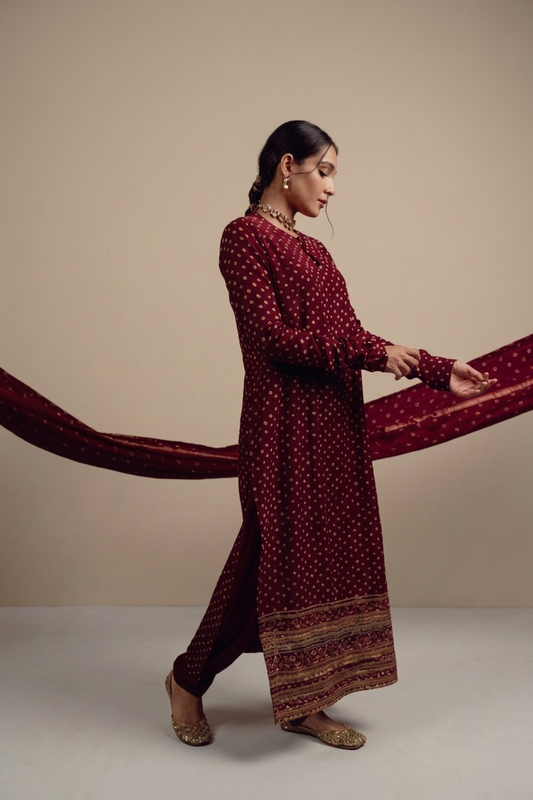Dark Red Chanderi Bandhej Kurta Set